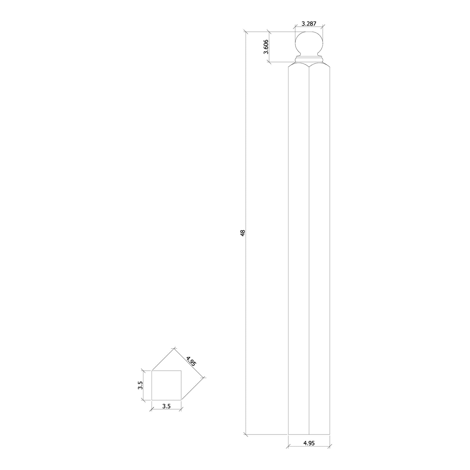Contemporary 3-1/2" Newel w/Ball Top (4004BT, 4005BT, 4006BT)