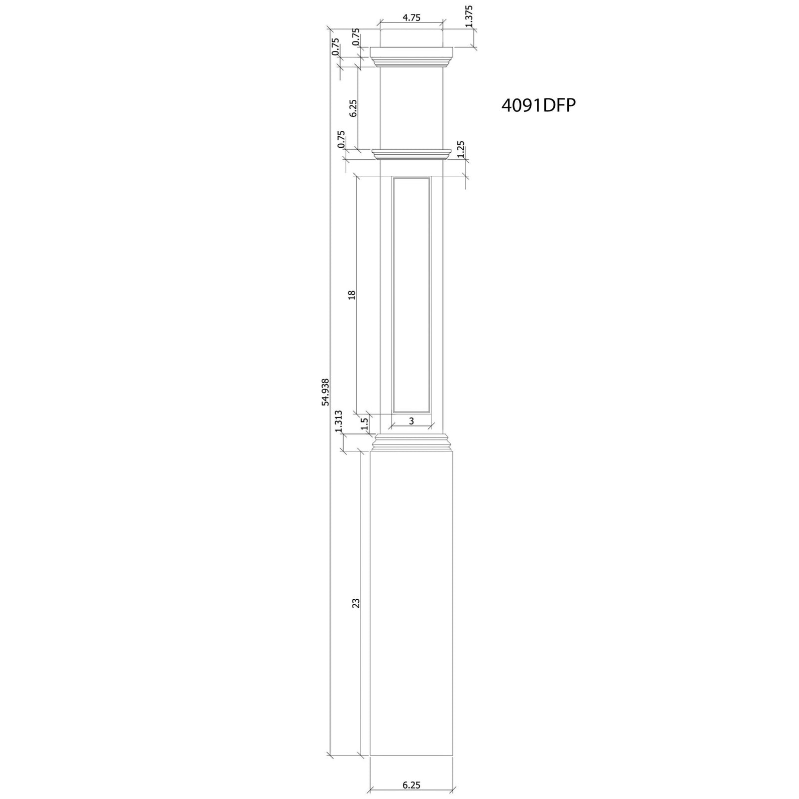 American 6 - 1/4" X 55" 4091FP Recessed Flat Panel Box Newel (4091FP, 4091DFP) - Stair Parts USA