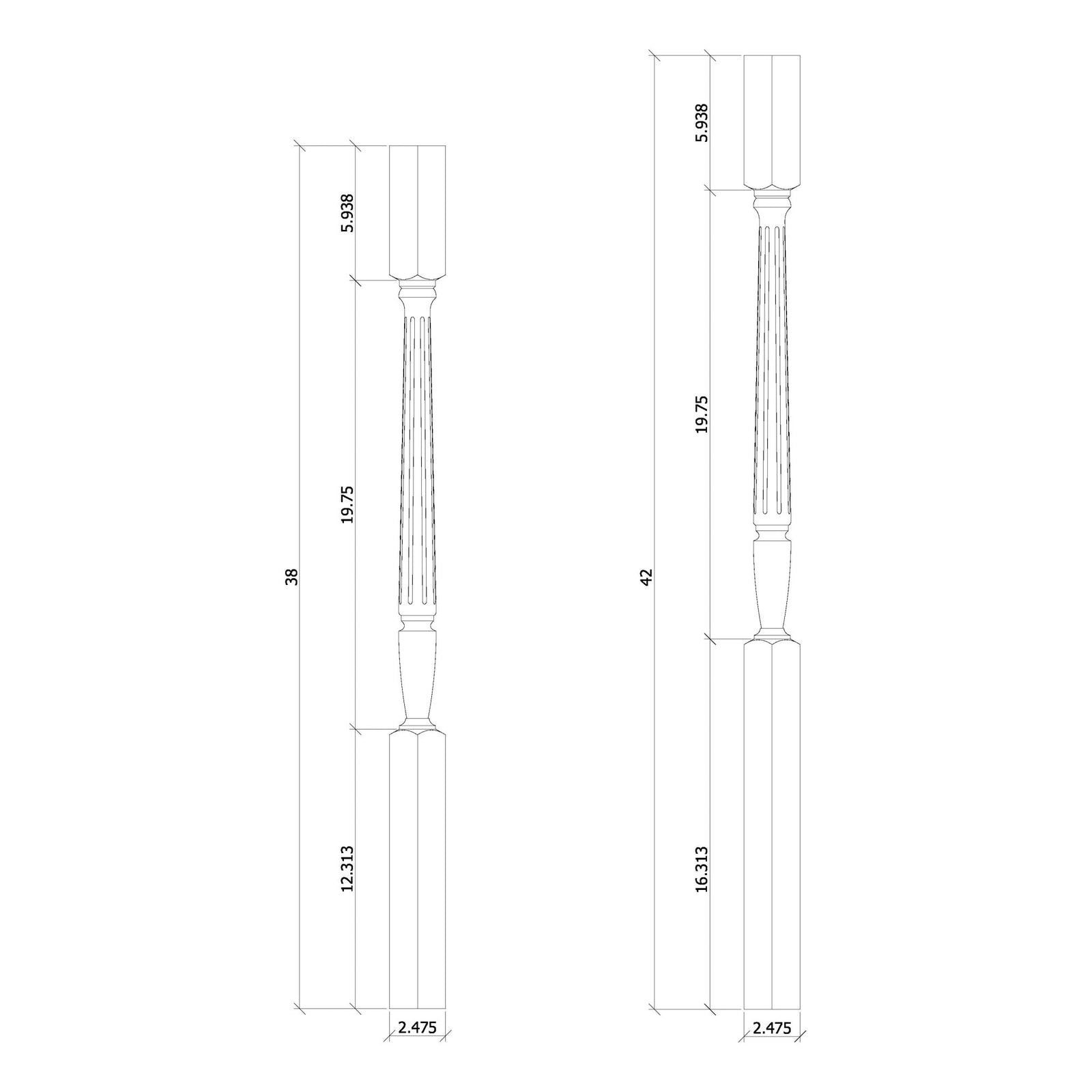 Bunker Hill 1 - 3/4" 2234F Elegant Rise FLUTED Square Top Baluster (2234F, 2238F, 2242F) - Stair Parts USA
