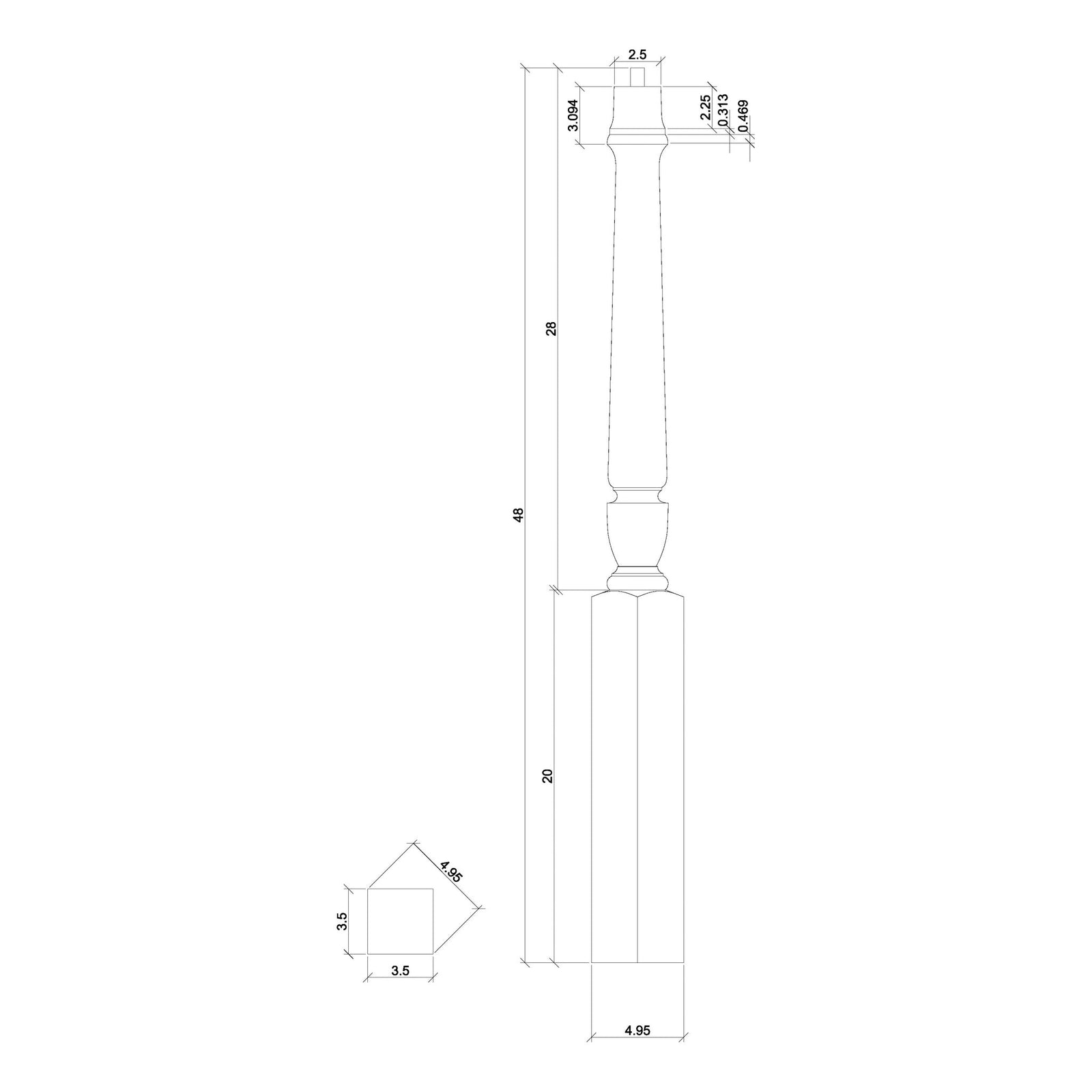 Bunker Hill 3 - 1/2" 3010/3011 Pin Top Turned Newel (43" and 48" in Plain, Fluted, or Twisted) - Stair Parts USA