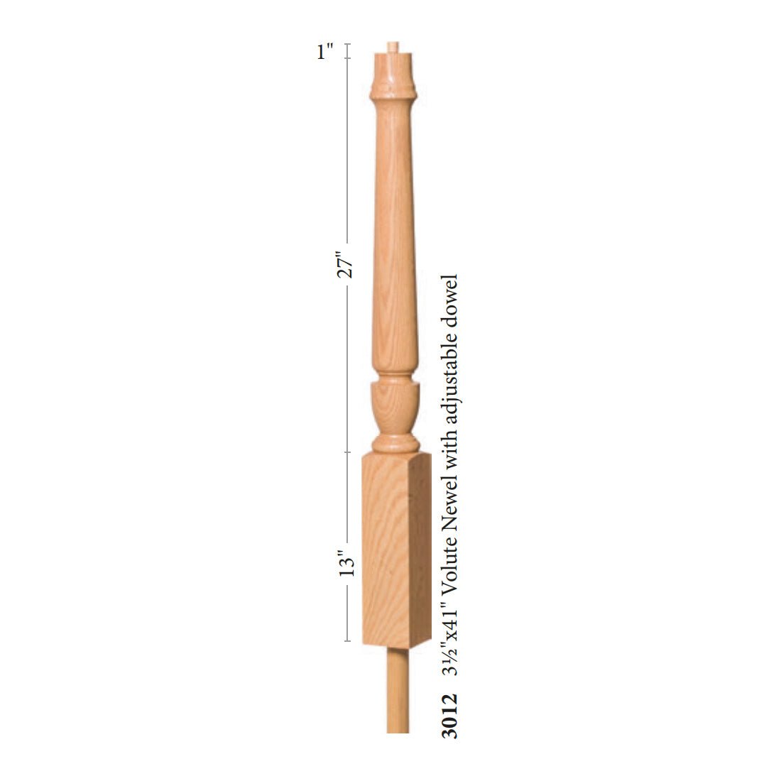 Bunker Hill 3 - 1/2" 3012 Pin Top Turned Newel w/Adjustable Dowel (3012, 3012F, 3012T) - Stair Parts USA