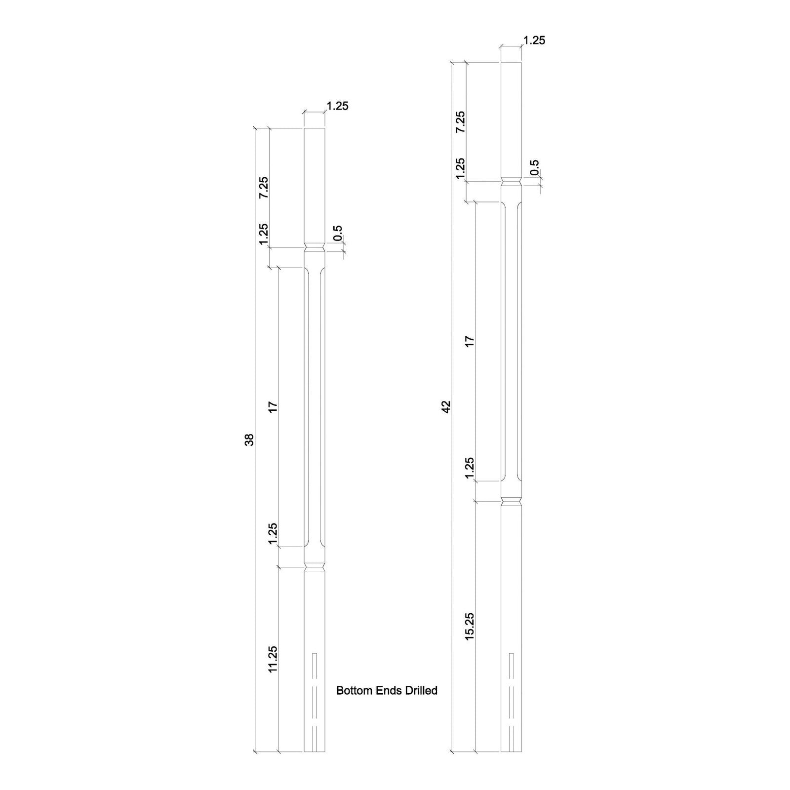 Contemporary Elegant Rise Chamfered Square Top Baluster in 1 - 1/4" or 1 - 3/4" (5034C, 5038C, 5042C, 5334C, 5338C, 5342C) - Stair Parts USA