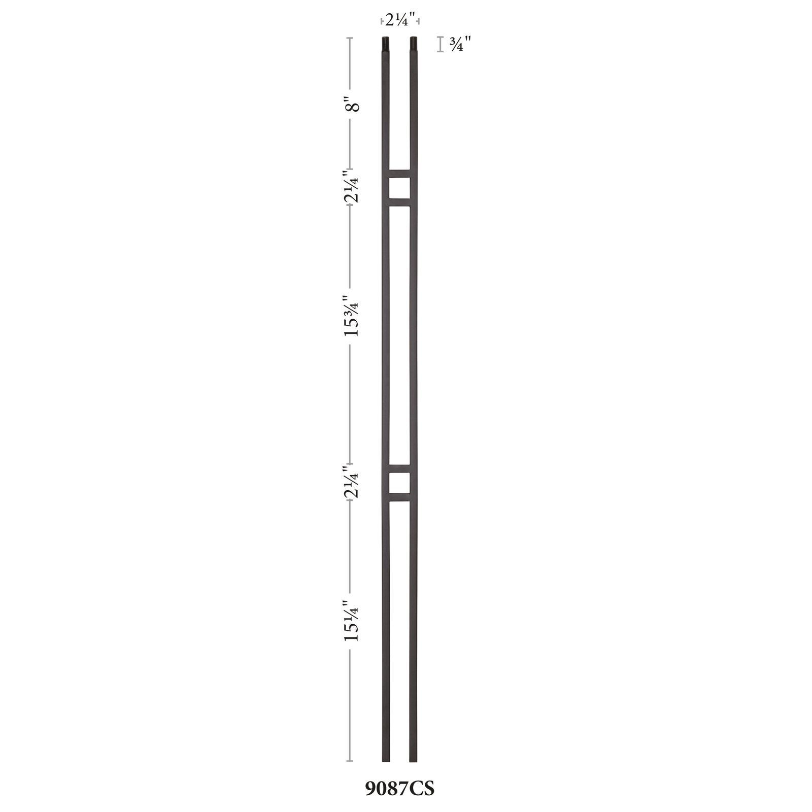 Contemporary Series 1/2" Square x 2 - 1/4" x 44"H Double Bar Hollow Iron Baluster (9087CS) - Stair Parts USA
