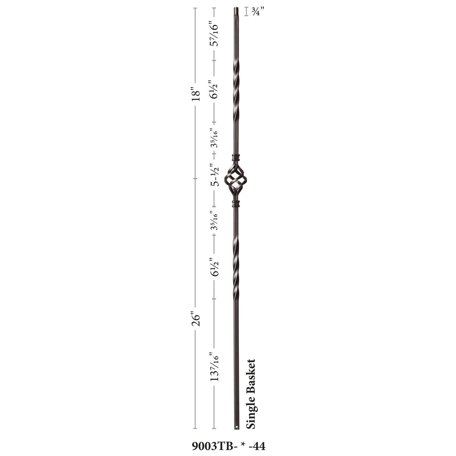 Twist Series 1/2" Square x 44"H Single Basket, Double Twist Hollow Iron Baluster (9003) - Stair Parts USA