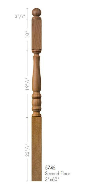 Utah 3" x 60" 5745 Long Block Turned Newel w/Ball Top (Plain, Fluted, or Reeded) - Stair Parts USA