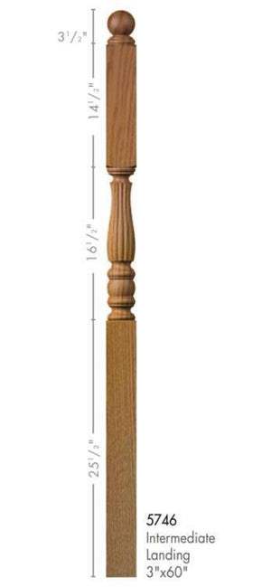 Utah 3" x 60" 5746 Long Block Turned Newel w/Ball Top (Plain, Fluted, or Reeded) - Stair Parts USA