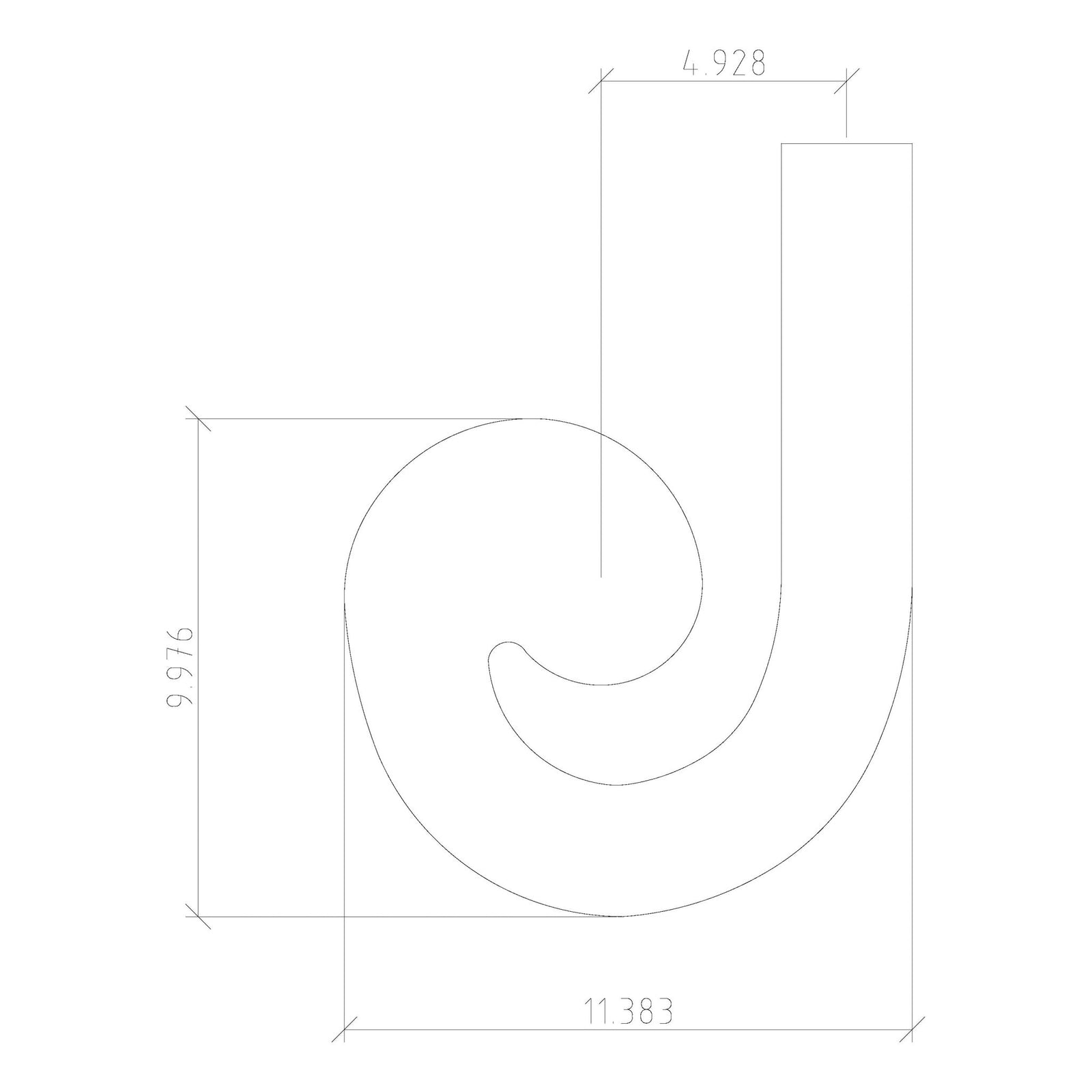 Technical line drawing of Holmes Left Hand Volute Fitting for 6210 Handrail (7230): height 9.776, bottom width 11.383, top width 4.928, with dimension arrows and lines, recalling the shape of a stylized lowercase "j".