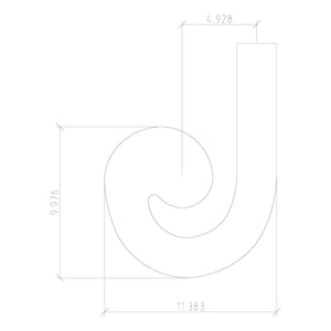 Technical line drawing of Holmes Left Hand Volute Fitting for 6210 Handrail (7230): height 9.776, bottom width 11.383, top width 4.928, with dimension arrows and lines, recalling the shape of a stylized lowercase "j".