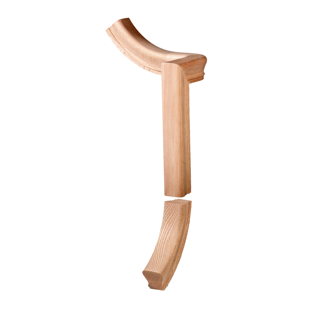 A Holmes Left Hand Quarter-turn Gooseneck Up Easing Fitting for 6210 Handrail (7250-2), assembled with a straight wooden segment, is arranged on a white background to form the shape of a lowercase letter “j.”.