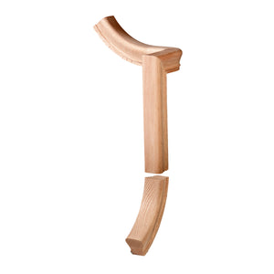 A Holmes Left Hand Quarter-turn Gooseneck Up Easing Fitting for 6210 Handrail (7250-2), assembled with a straight wooden segment, is arranged on a white background to form the shape of a lowercase letter “j.”.