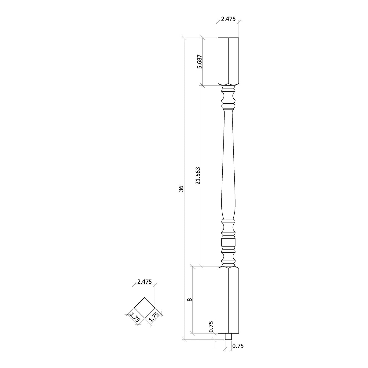 Hampton 1 - 3/4" 5105 Structural Rise Square Top Baluster - Stair Parts USA