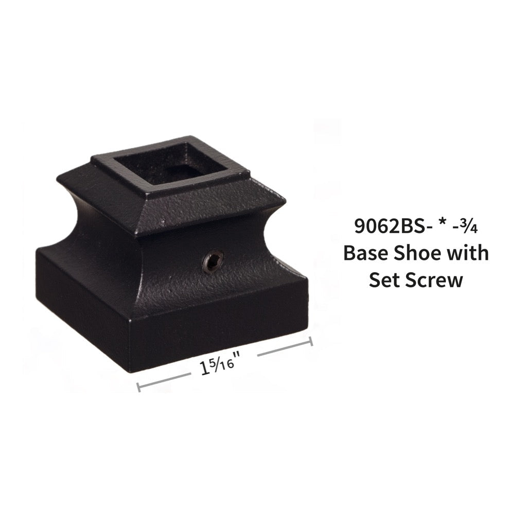 Satin Black Mega Series: Flat Shoe w/ Set Screw for 3/4" Square Hollow Iron Baluster (9062BS - 3/4) - Stair Parts USA