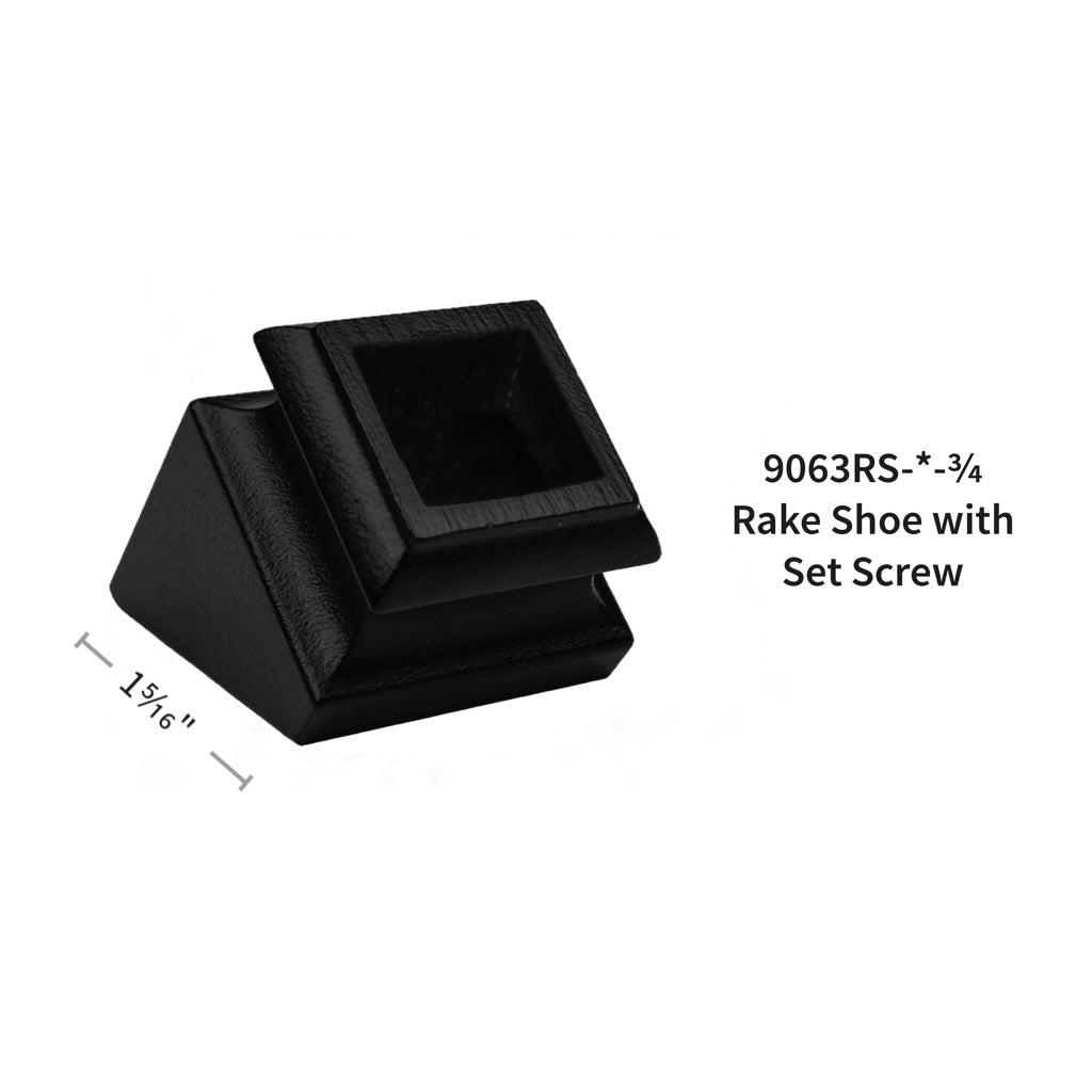 Satin Black Mega Series: Pitch/Angled Shoe w/ Set Screw for 3/4" Square Hollow Iron Baluster (9063RS - 3/4) - Stair Parts USA
