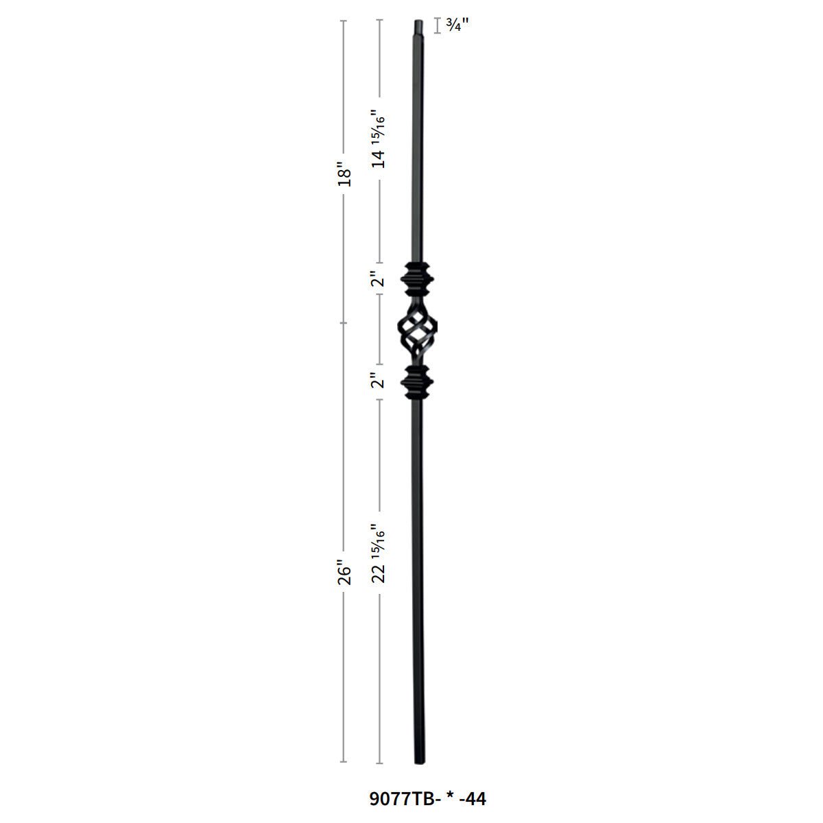 Shape Series 1/2" Square x 44"H Single Basket with Double Knuckle Hollow Iron Baluster (9077) - Stair Parts USA
