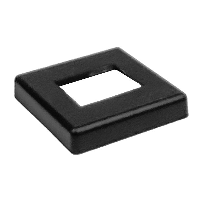 Black square metal Skinny Angled Shoe for 1/2″ Square Hollow Iron Balusters (9053RS) with a centered 1/2″ square hole.