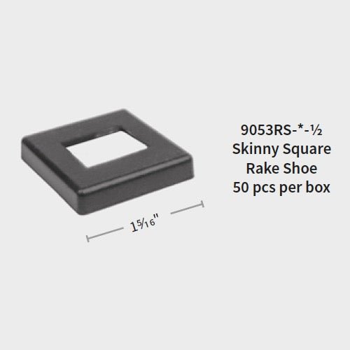 Black Skinny Angled Shoe for 1/2″ Square Hollow Iron Balusters (9053RS) with a 1-5/16 inch width and center cutout for 1/2″ square iron balusters, sold in a box of 50.