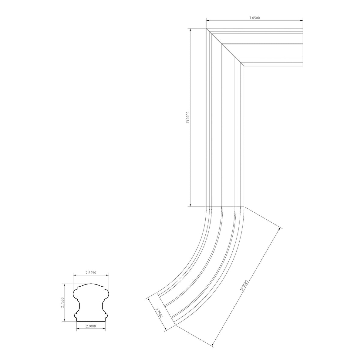 Straight Gooseneck w/No Cap Fitting for 6710 Handrail (7799 - 2) - Stair Parts USA