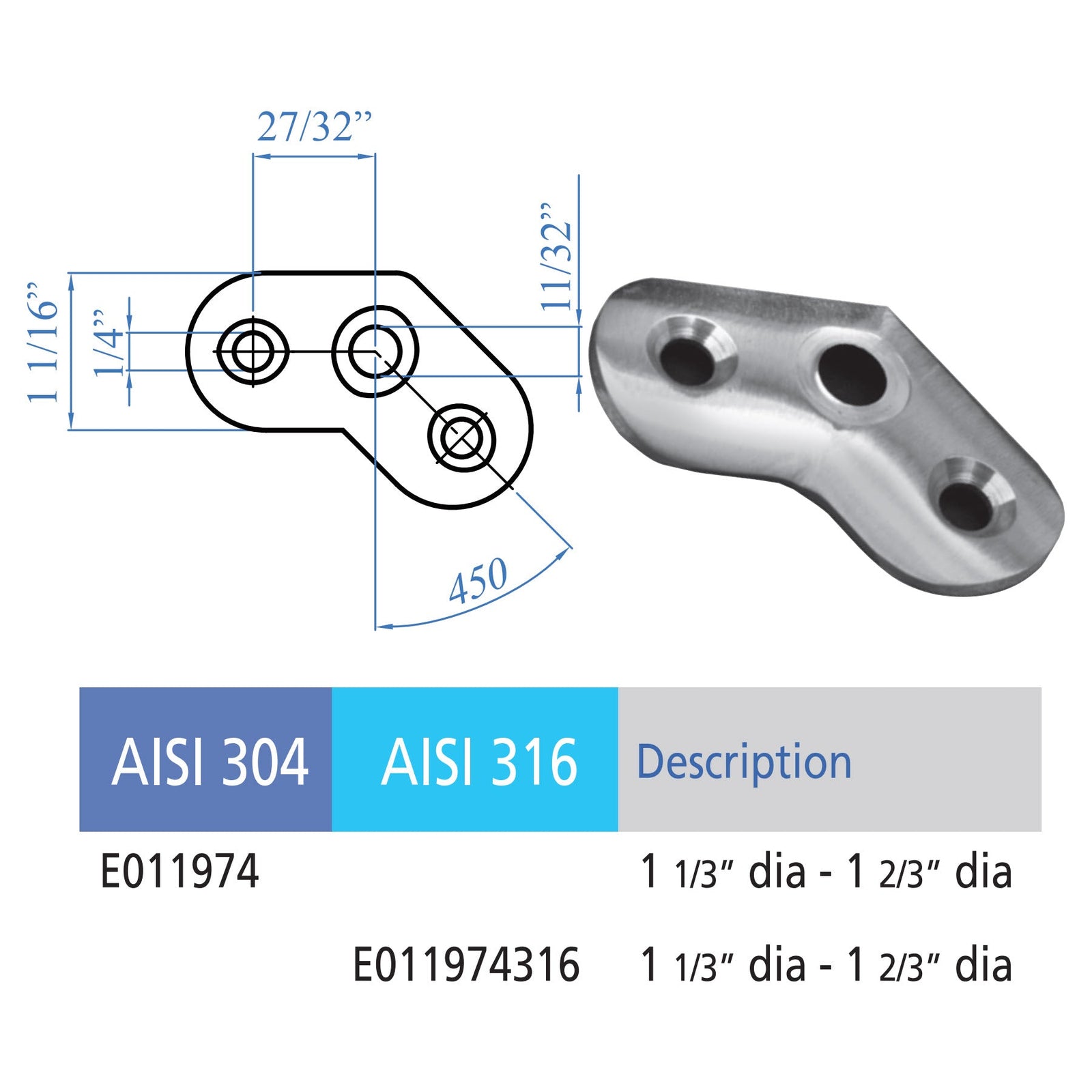 45 - Degree Mounting Plate for Stainless Steel Handrail Supports (E011974) - Stair Parts USA