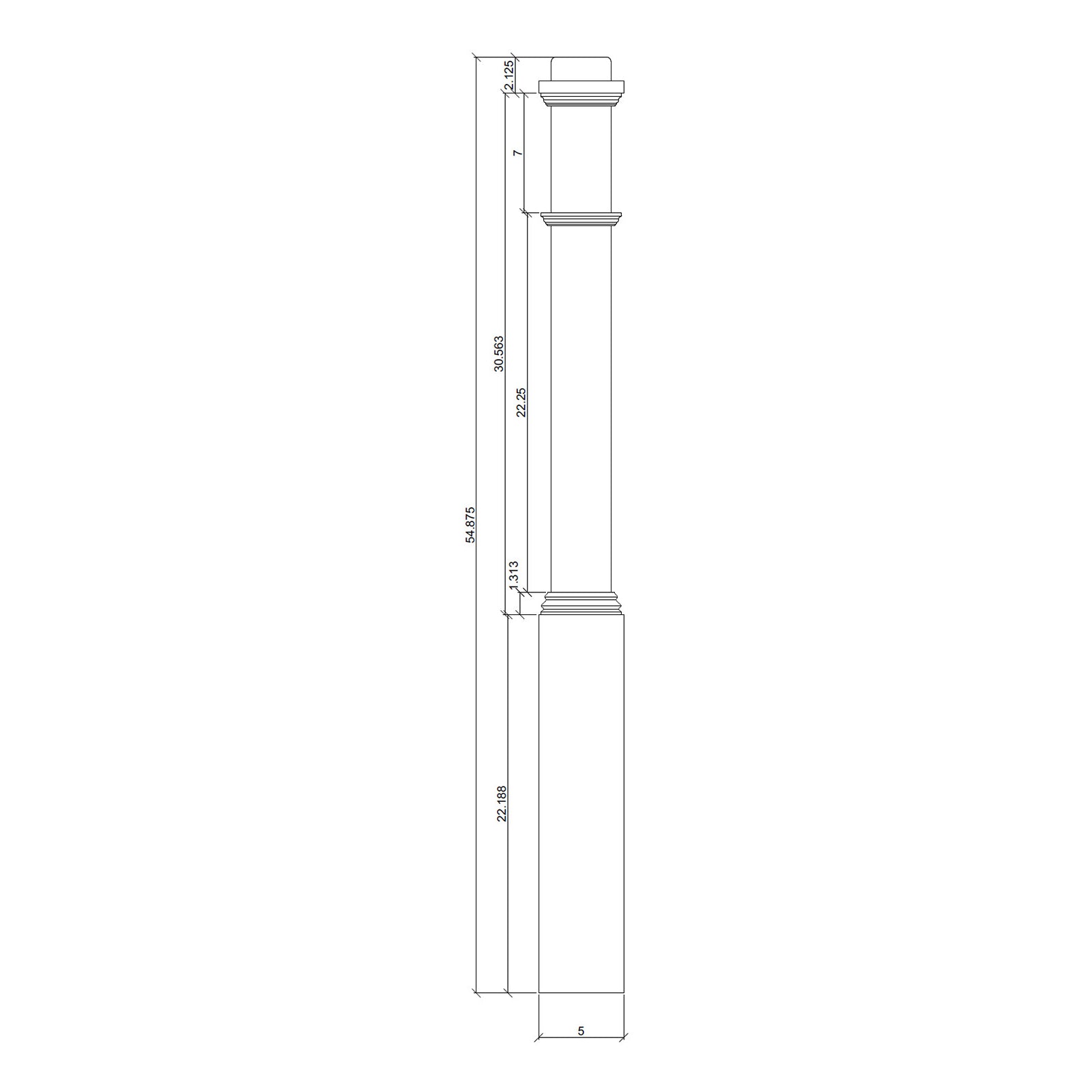 American 5" x 55" 4491 Hollow, Plain Box Newel - Stair Parts USA