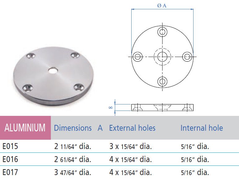 Anchorage 2 - 15/16" Dia., 4 Holes at 15/64" Dia., internal hole 7/16", Aluminum (E016) - Stair Parts USA