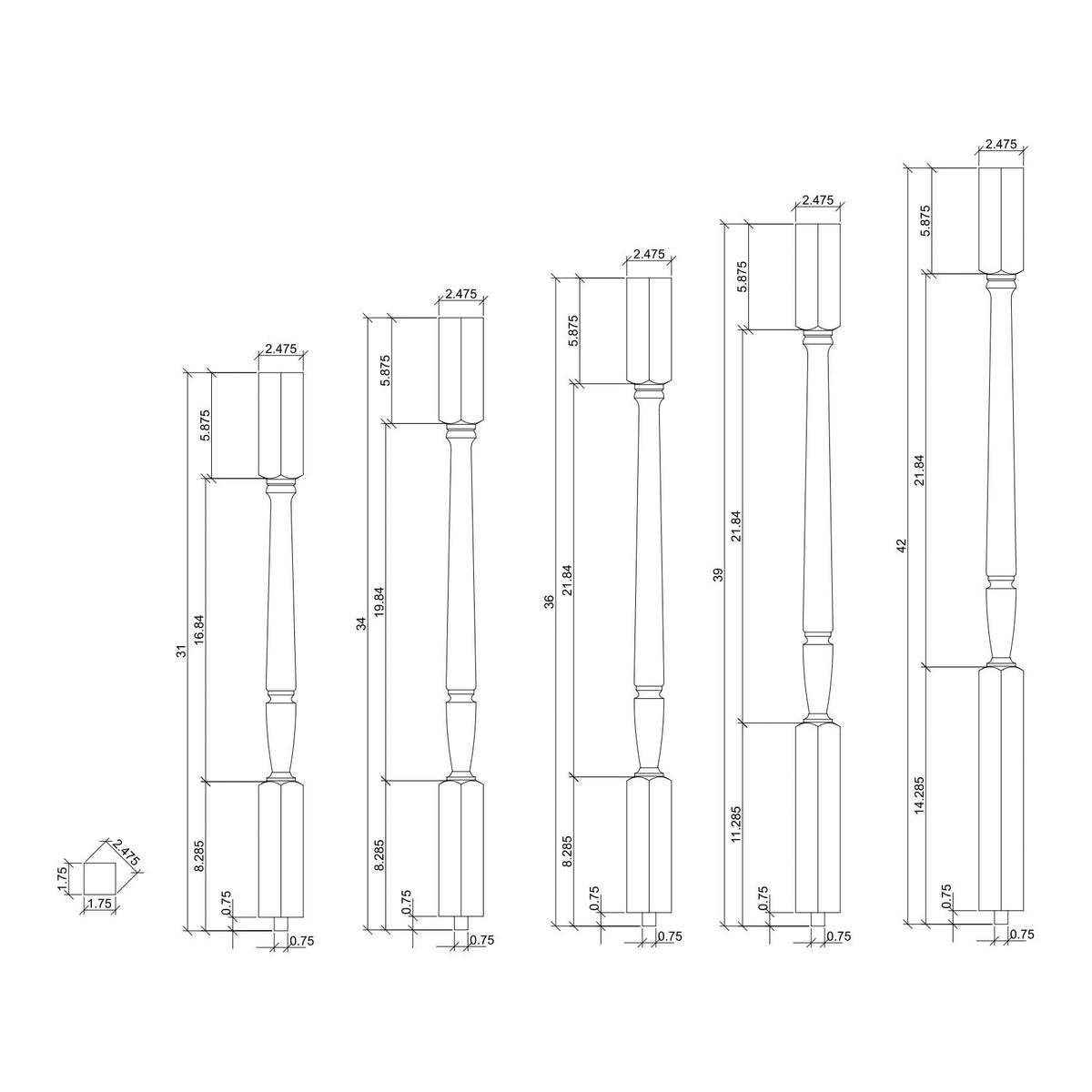 Bunker Hill 1 - 3/4" 2005 Structural Rise Square Top Baluster - Stair Parts USA