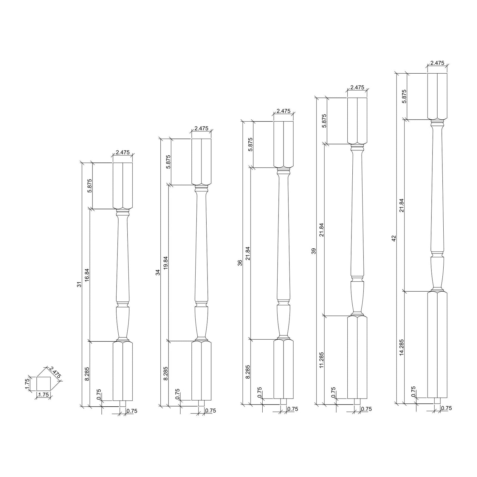 Bunker Hill 1 - 3/4" 2005F Structural Rise Fluted (1 - 2 Weeks) Square Top Baluster (2005F) - Stair Parts USA