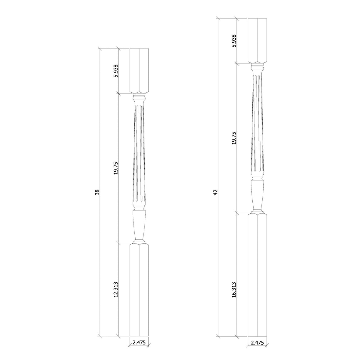 Bunker Hill 1 - 3/4" 2234F Elegant Rise FLUTED Square Top Baluster (2234F, 2238F, 2242F) - Stair Parts USA