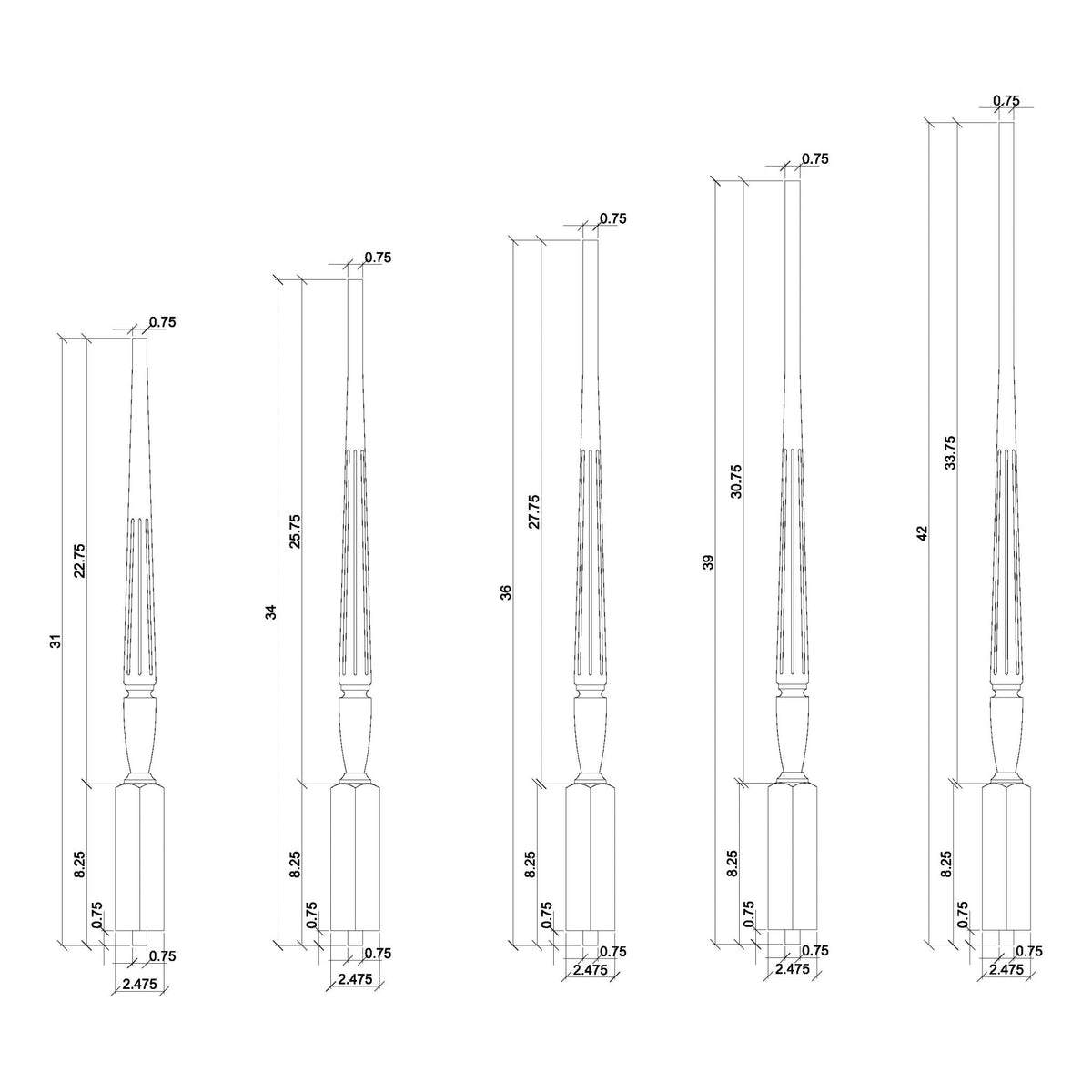 Bunker Hill 1 - 3/4" Structural Rise FLUTED Pin Top Baluster (2015F) - Stair Parts USA