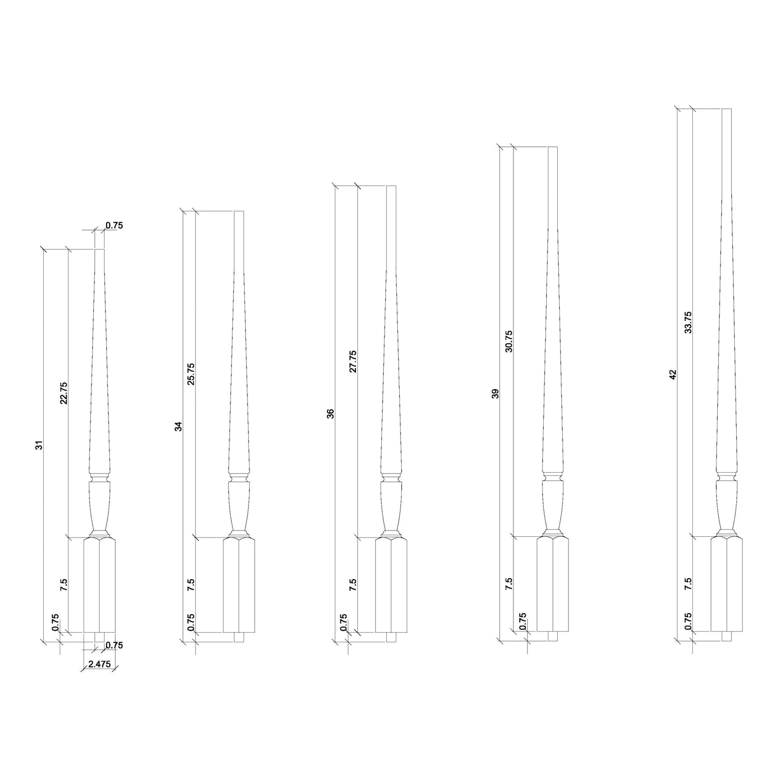 Bunker Hill 1 - 3/4" Structural Rise TWISTED Pin Top Baluster (2015T) - Stair Parts USA