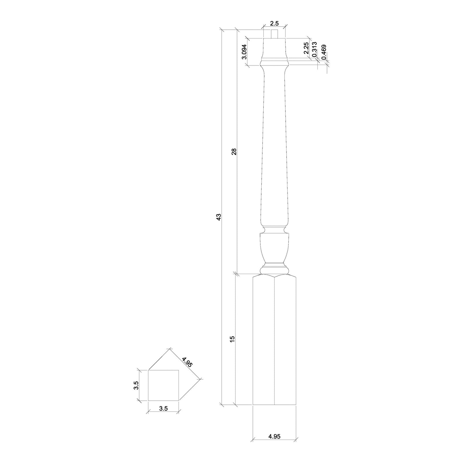 Bunker Hill 3 - 1/2" 3010/3011 Pin Top Turned Newel (43" and 48" in Plain, Fluted, or Twisted) - Stair Parts USA