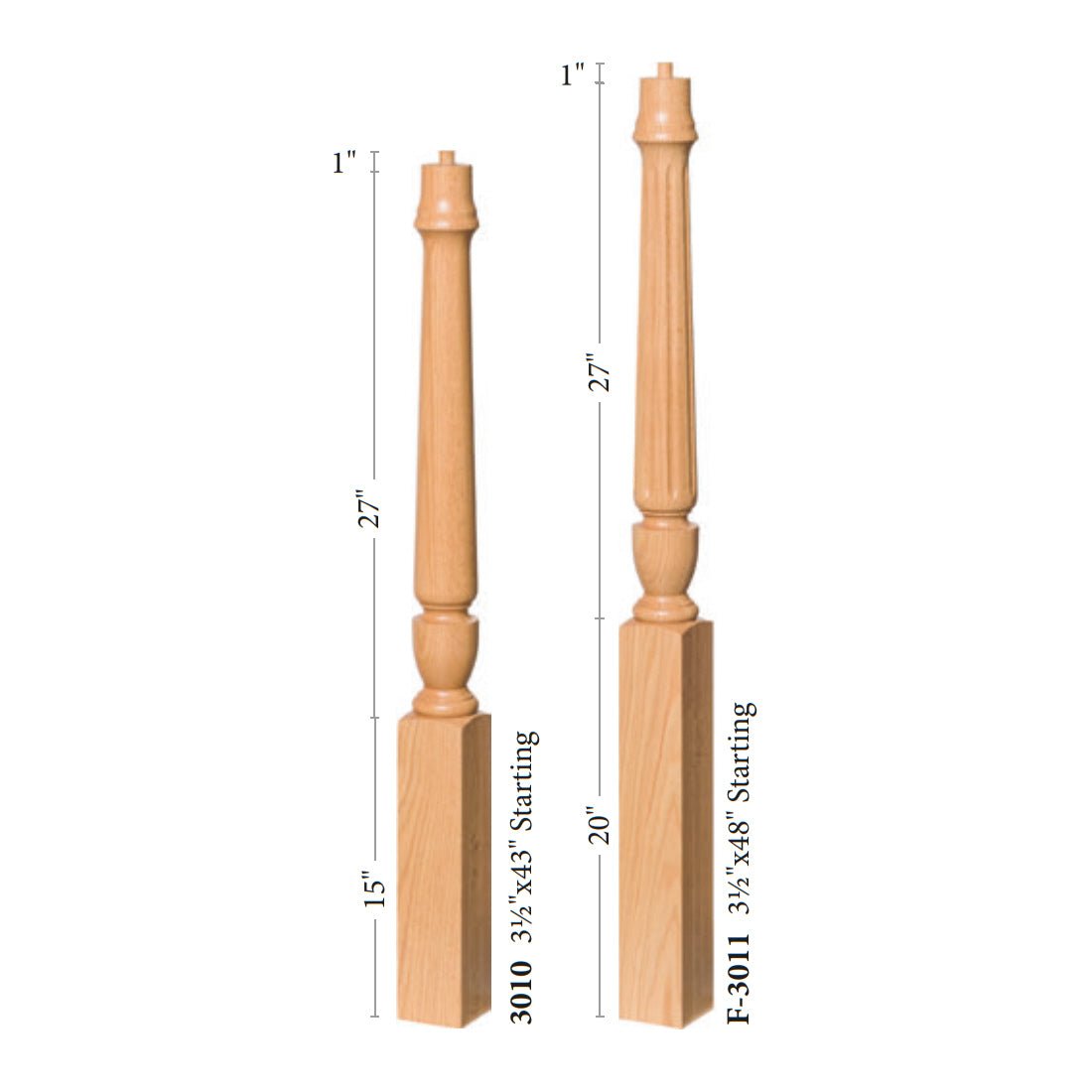 Bunker Hill 3 - 1/2" 3010/3011 Pin Top Turned Newel (43" and 48" in Plain, Fluted, or Twisted) - Stair Parts USA