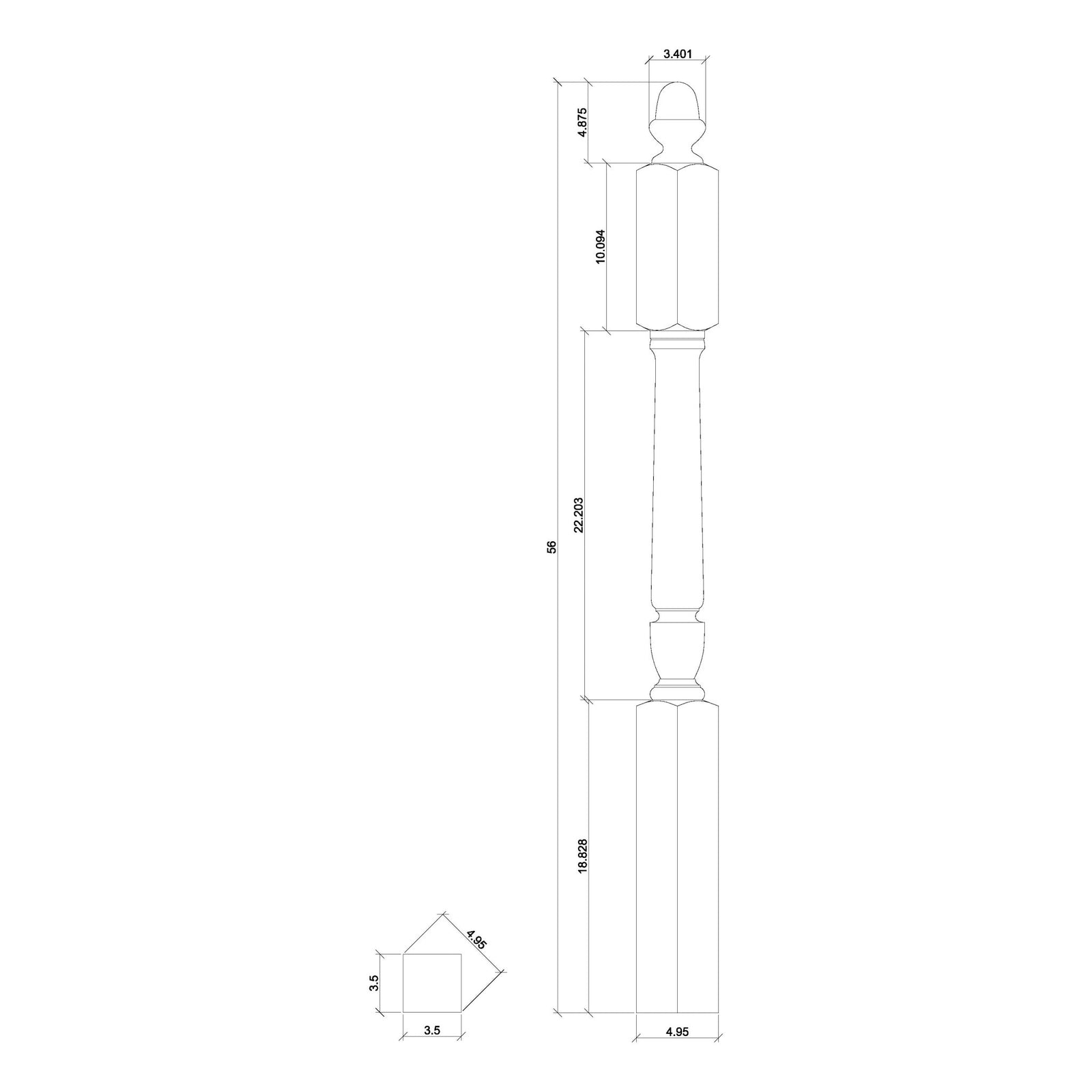 Bunker Hill 3 - 1/2" 3030/3042 Turned Newel w/ Acorn Top (3030, 3030F, 3030T, 3042, 3042F, 3042T) - Stair Parts USA