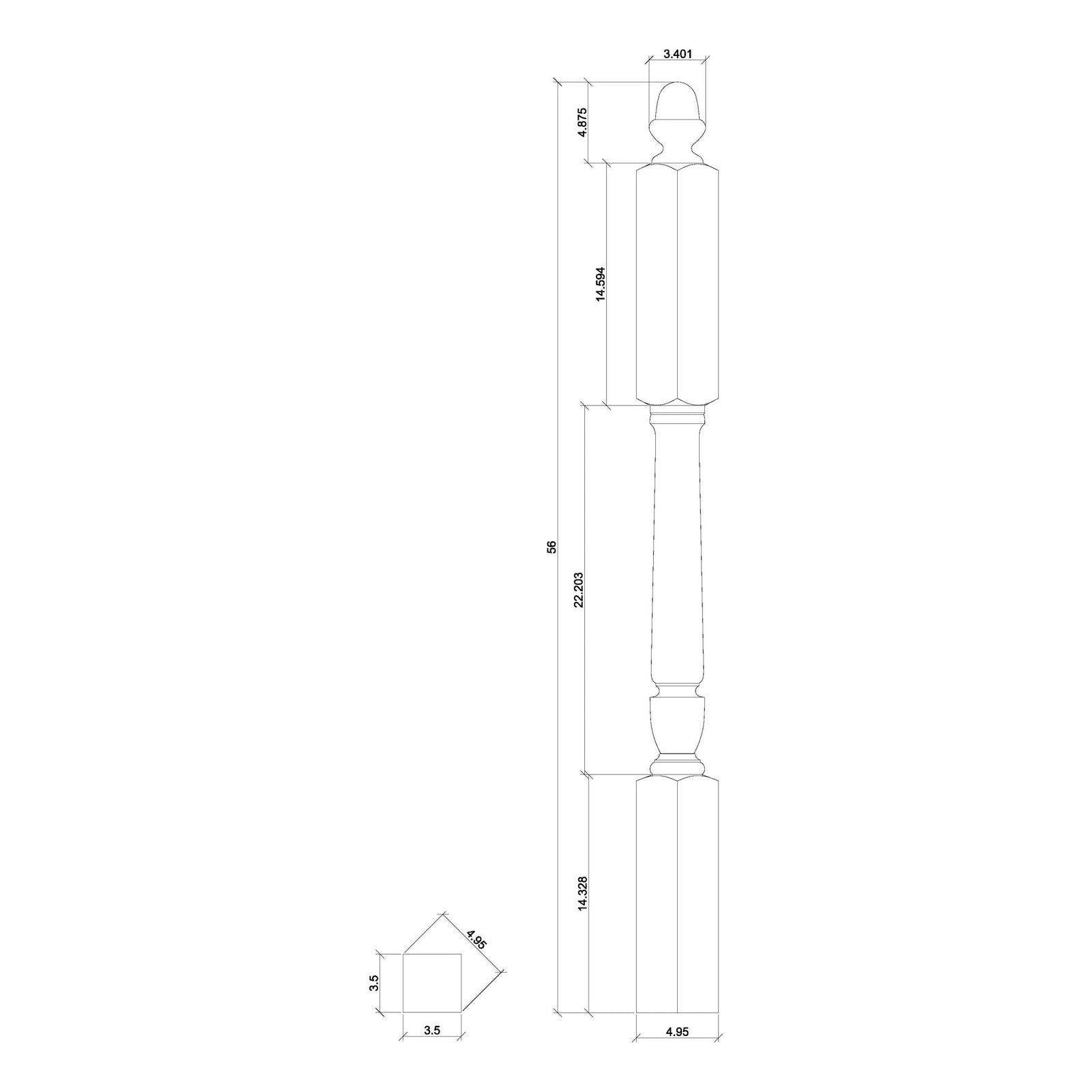 Bunker Hill 3 - 1/2" 3046 Long Block Turned Newel w/ Acorn Top (3046, 3046F, 3046T) - Stair Parts USA
