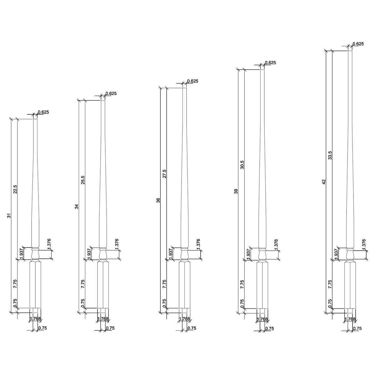 Colonial 1 - 1/4" 5015 Structural Rise Pin Top Baluster (5015) - Stair Parts USA