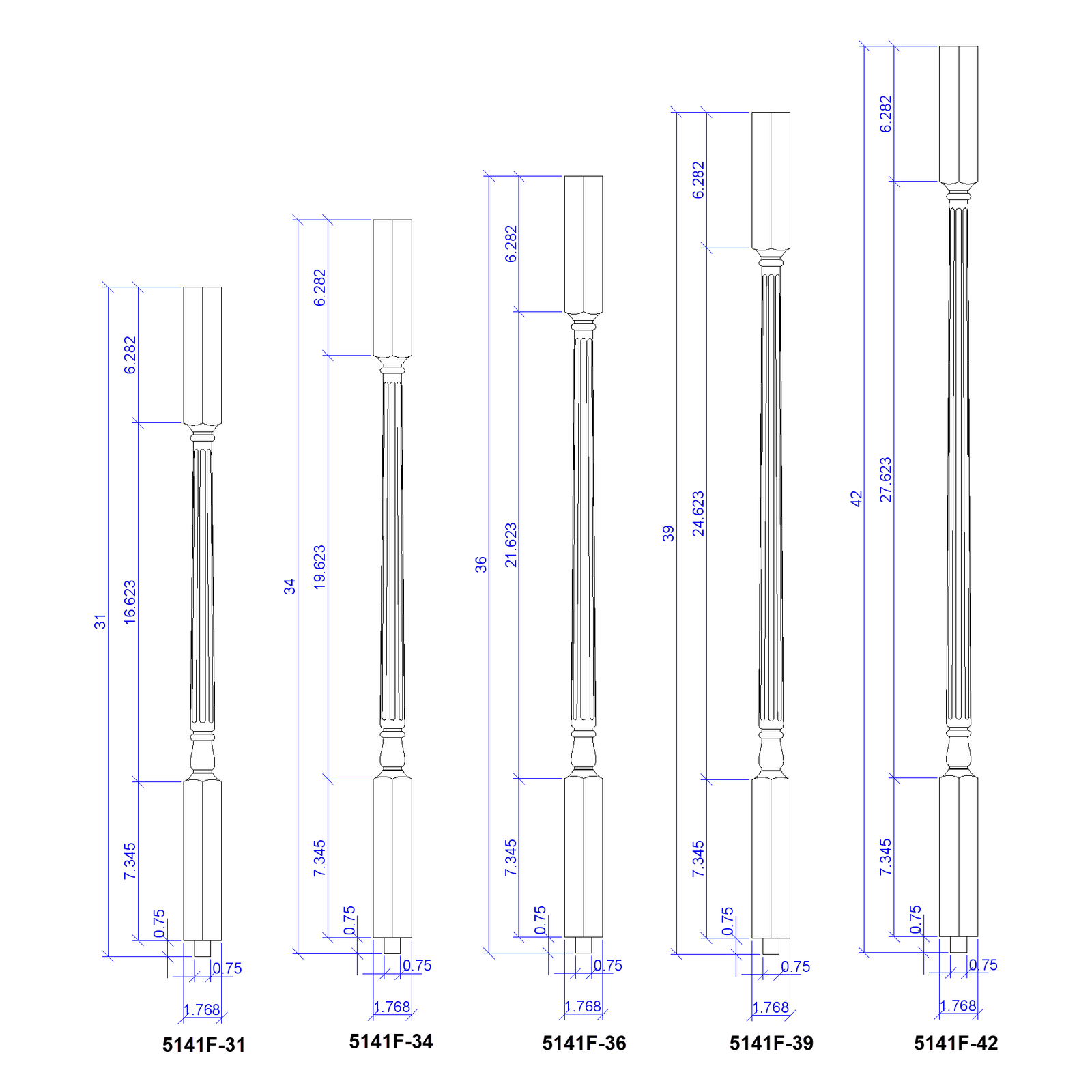 Colonial 1-1/4" 5141 Structural Rise Square Top Baluster