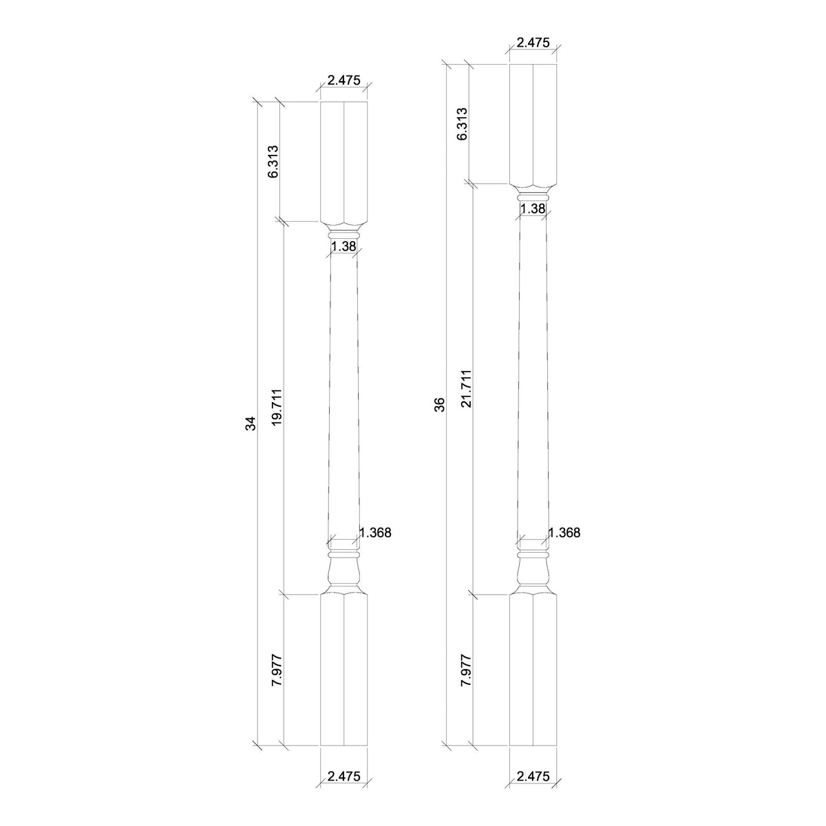 Colonial 1 - 3/4" 5241 Structural Rise Square Top Baluster - Stair Parts USA