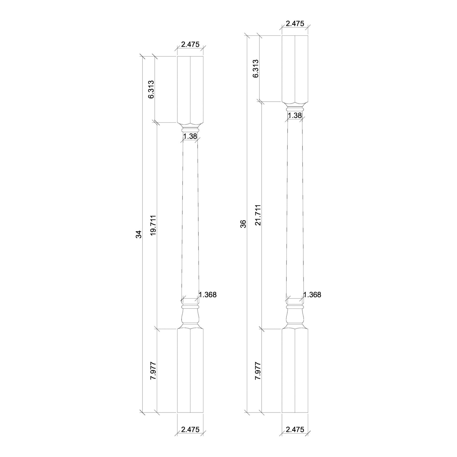Colonial 1-3/4" 5241 Structural Rise Square Top Baluster