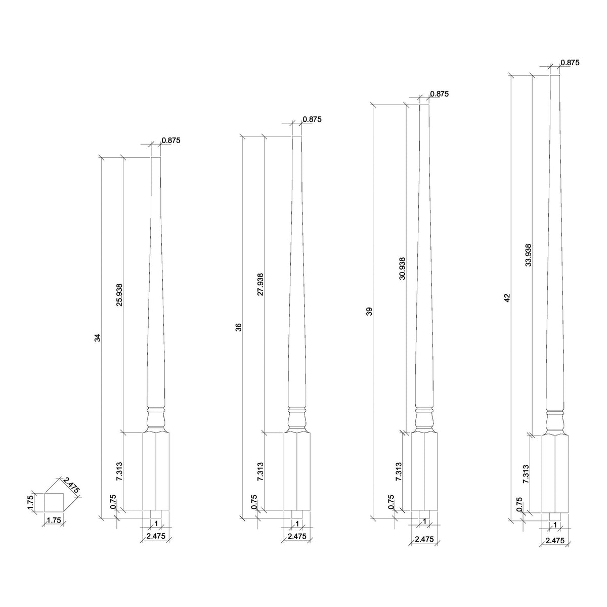 Colonial 1 - 3/4" 5315F Structural Rise FLUTED Pin Top Baluster - Stair Parts USA