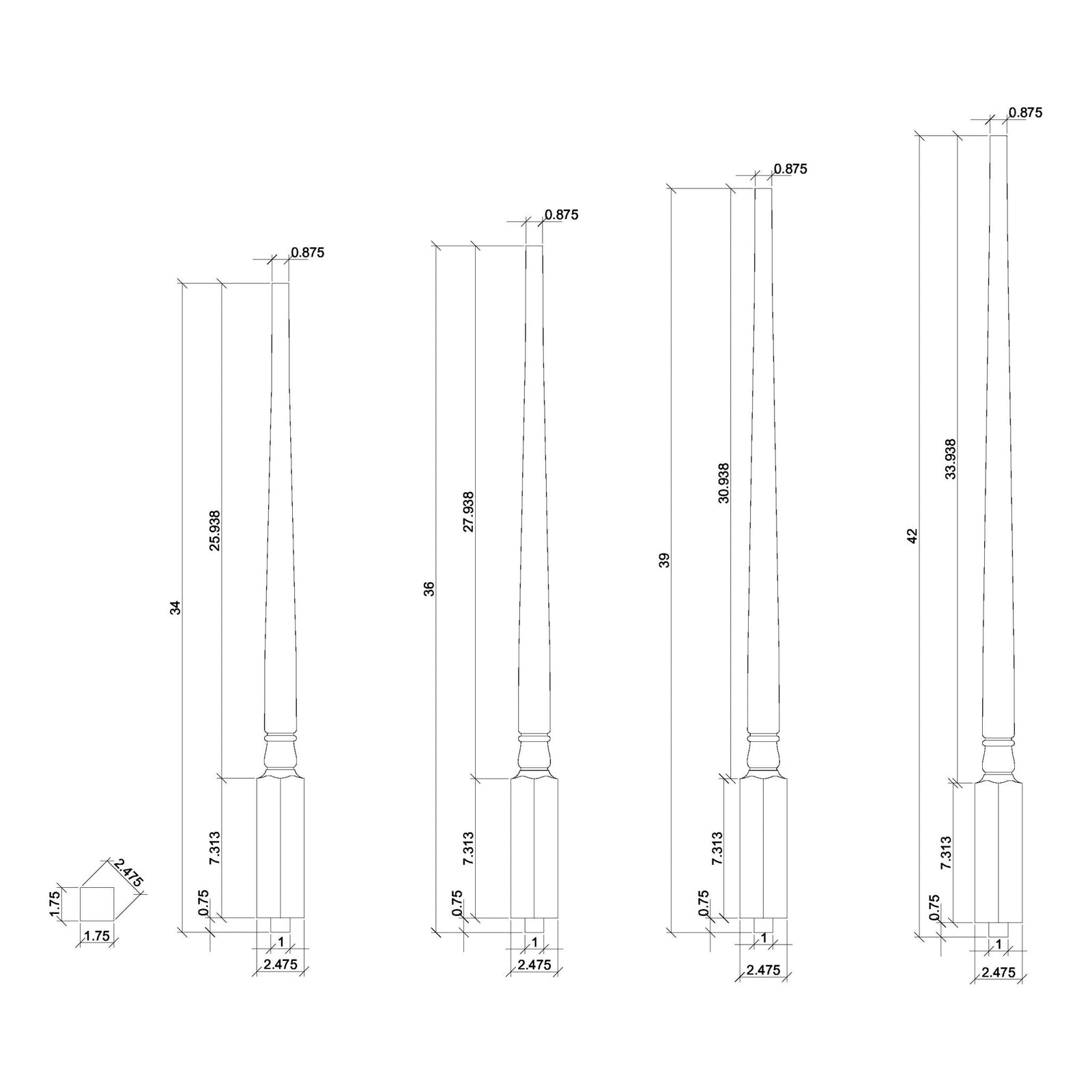 Colonial 1 - 3/4" 5315F Structural Rise FLUTED Pin Top Baluster - Stair Parts USA