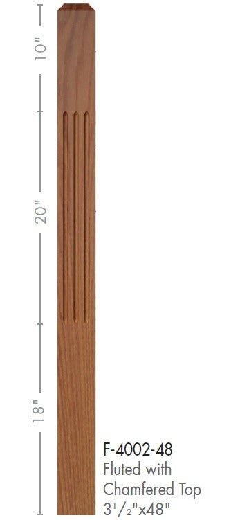 Contemporary 3 - 1/2" 4002 - F FLUTED Newel w/Chamfered Top (4002 - 48F, 4002 - 60F) - Stair Parts USA
