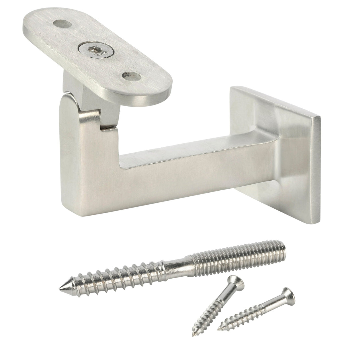 The Carolina Contemporary Handrail Bracket (3004) in satin black finish features an oval mounting plate and rectangular base, shown with three installation screws.