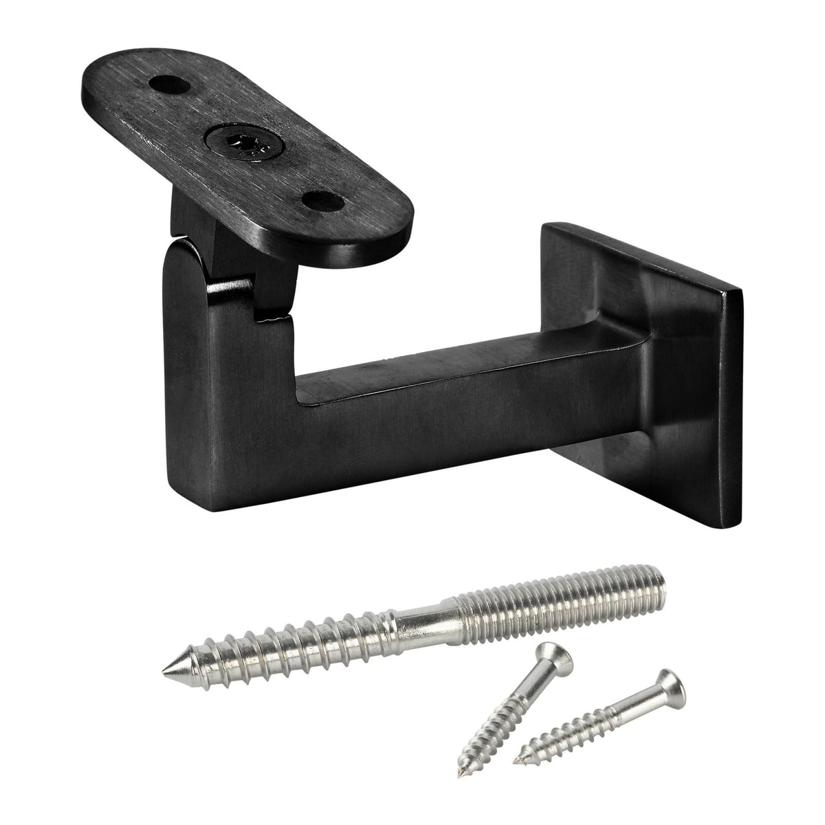 Carolina Contemporary Handrail Bracket (3004) in satin black shown with three silver screws of assorted sizes underneath, displayed on a white background.