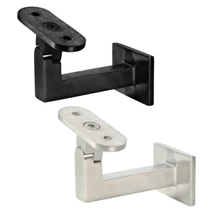 Two Carolina Contemporary Handrail Brackets (model 3004) in Satin Black and Satin Nickel are shown on a white background, each with a rectangular base and oval mounting plate featuring screw holes.