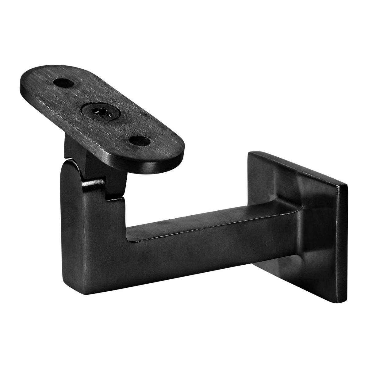 The Carolina Contemporary Handrail Bracket (3004) in satin black features a sleek, industrial rectangular base and angled arm with a two-hole top plate for secure handrail support. Also available in satin nickel.