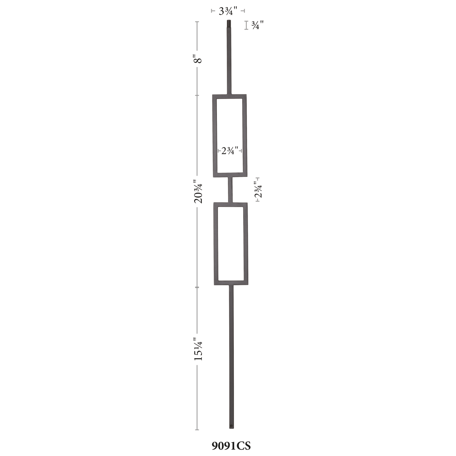 Contemporary Series 1/2" Square 3 - 3/4" x 44"H Double Rectangle Hollow Iron Baluster (9091CS) - Stair Parts USA