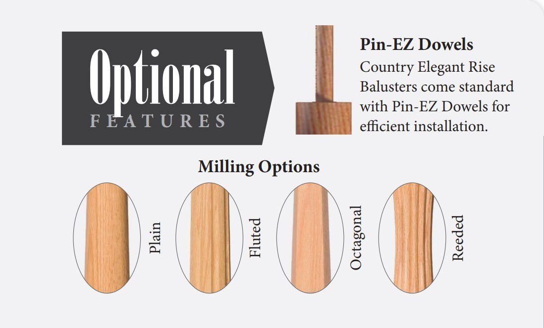 Country 1 - 3/4" 5434F Elegant Rise Fluted (1 - 2 Weeks) Pin Top Baluster w/Dowel - Stair Parts USA