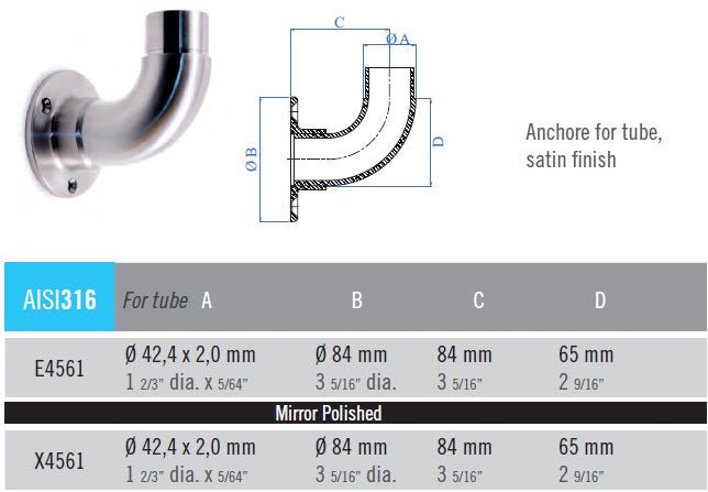 Curved Elbow with Mounting Plate for E001 Tubular Stainless Steel Handrail / 1 2/3" Dia. x 5/64" (E4561) - Stair Parts USA