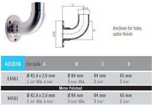 Curved Elbow with Mounting Plate for E001 Tubular Stainless Steel Handrail / 1 2/3" Dia. x 5/64" (E4561) - Stair Parts USA