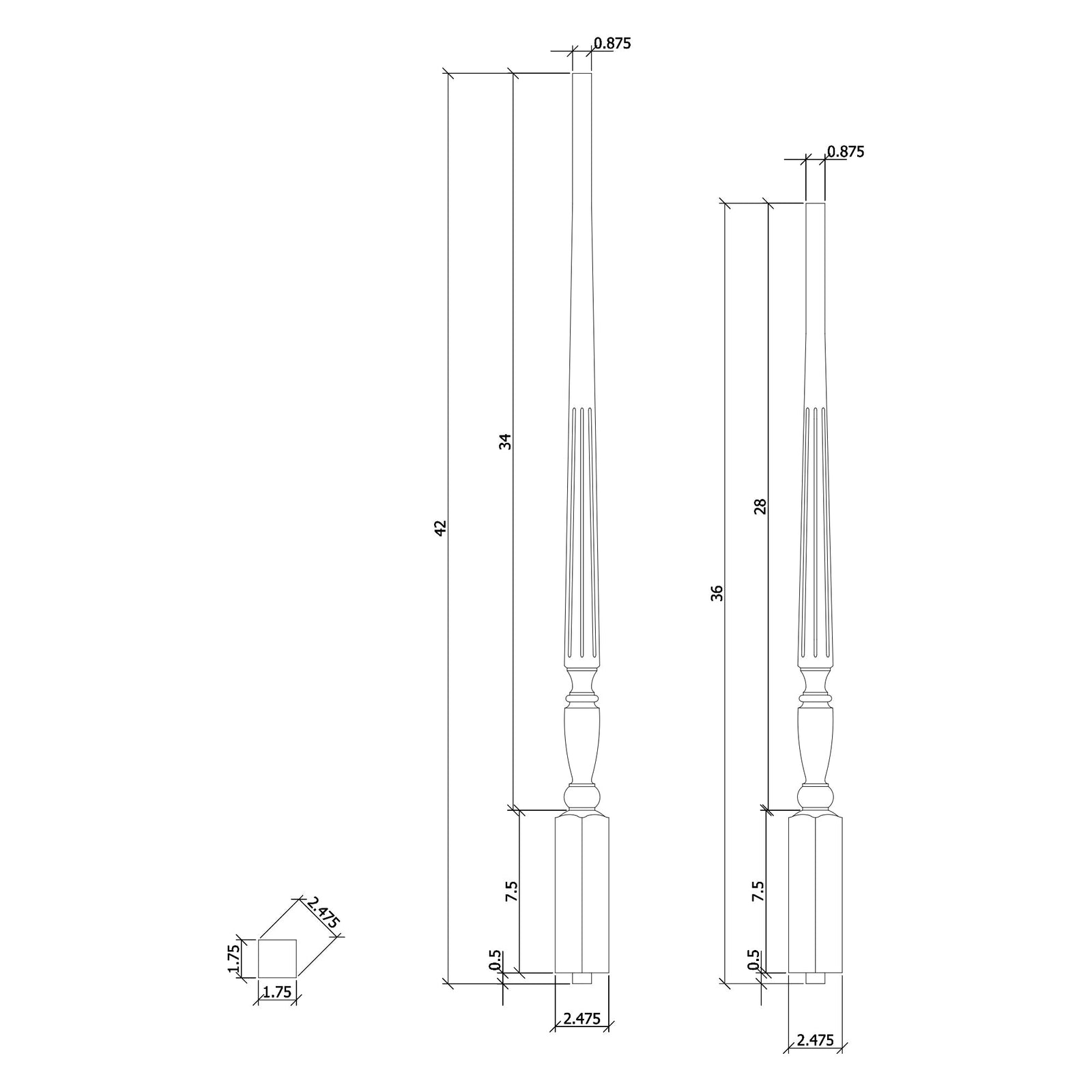 Georgia 1 - 3/4" Structural Rise Pin Top Baluster / FLUTED (2515F) - Stair Parts USA