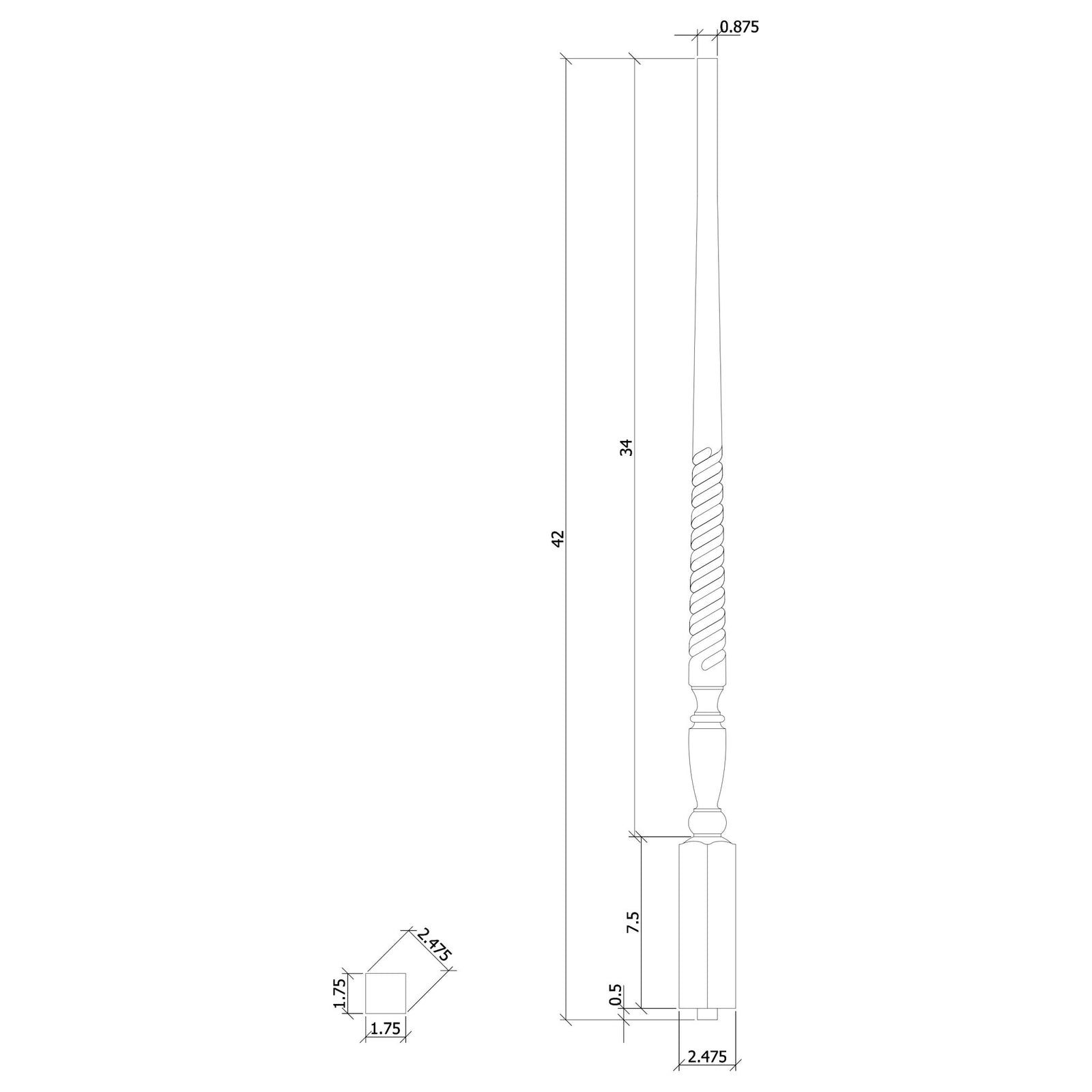 Georgia 1 - 3/4" Structural Rise Pin Top Baluster / TWISTED (2515T) - Stair Parts USA